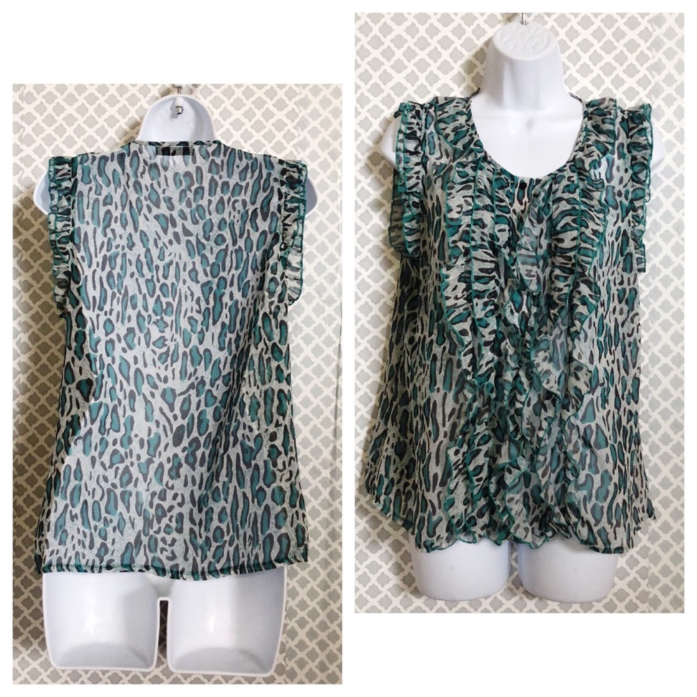 Better B Teal‎ cheetah sheer ruffle sleeveless